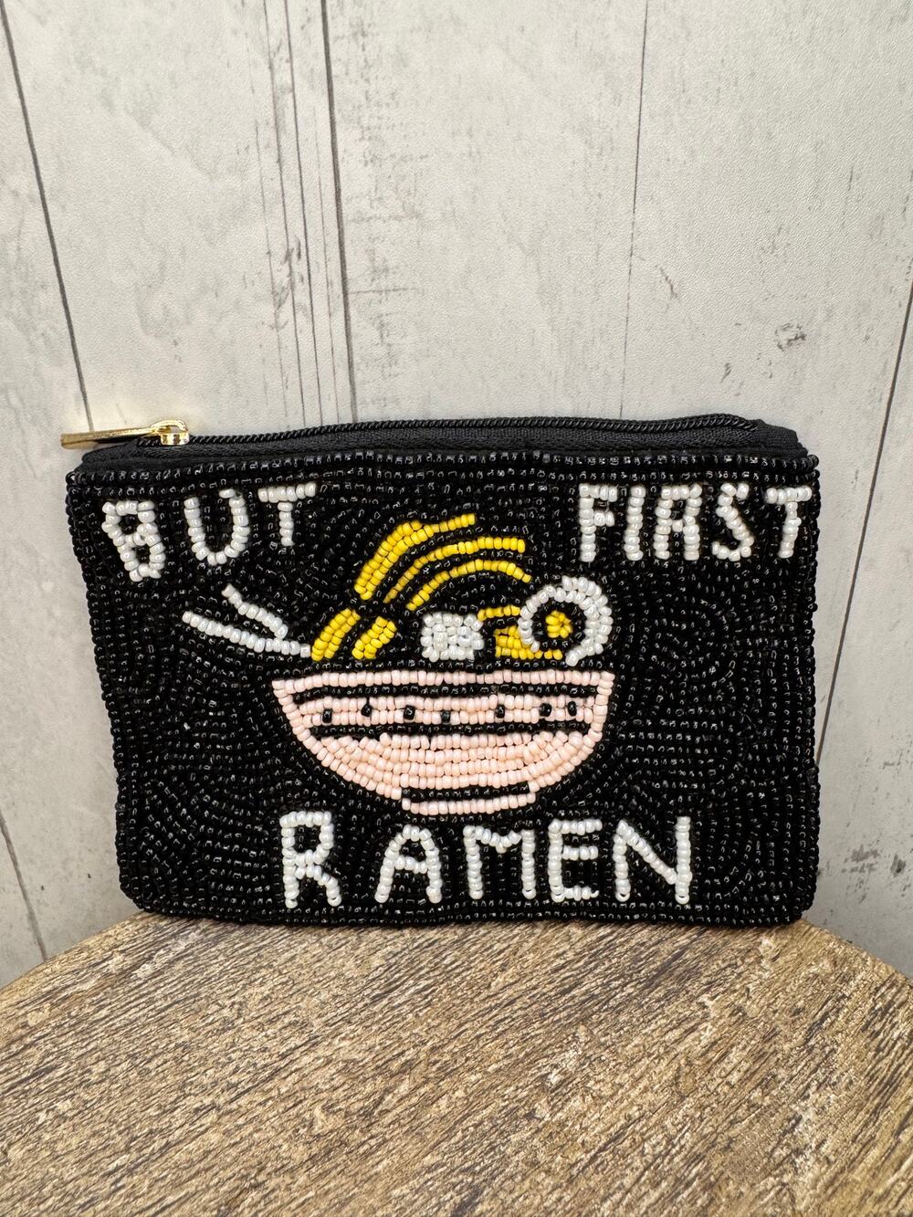 Black Beaded Coin Purse Cute Ramen Lover Pouch Womens Gift for Her NEW!